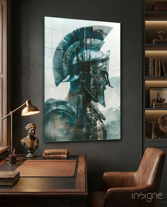 Gladiator glass wall art displayed above a desk in a study