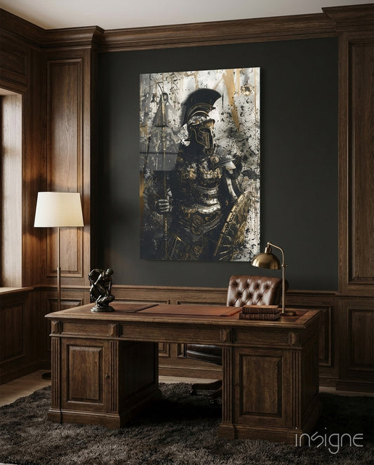 Gladiator glass wall art displayed above a desk in a study