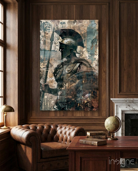 Gladiator glass wall art displayed above a chair in a library