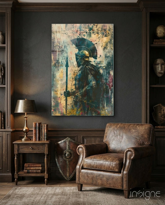 Gladiator glass wall art displayed above a sideboard in a library