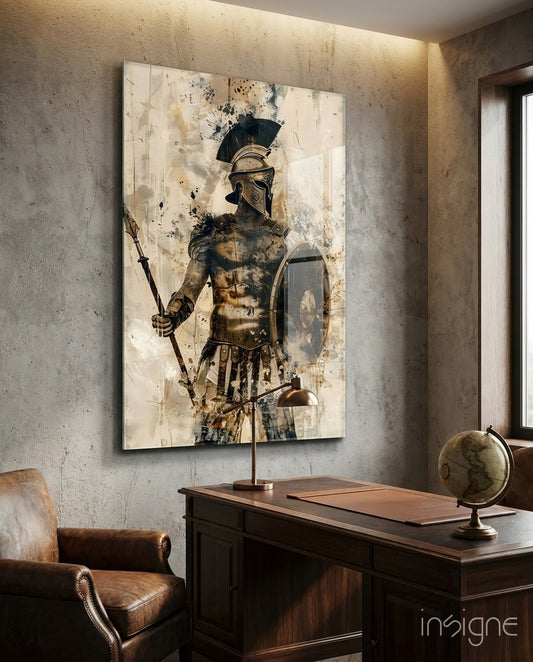 Gladiator glass wall art displayed above a desk in a study