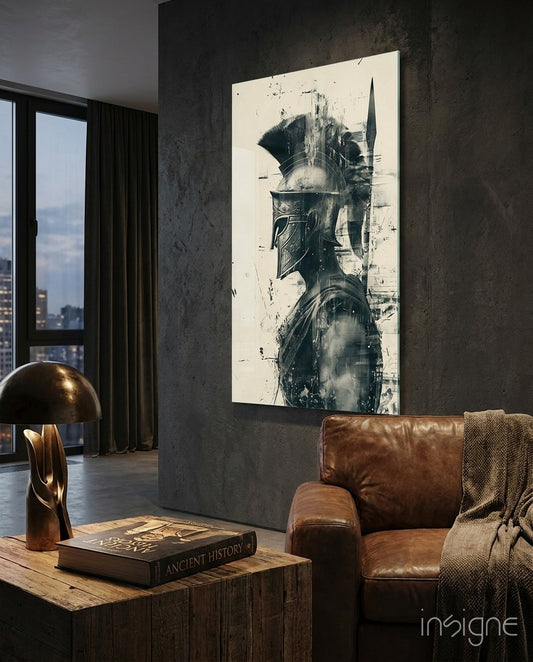 Gladiator glass wall art displayed above a console in a study