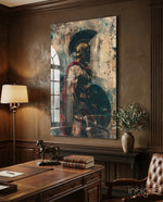 Gladiator glass wall art displayed above a desk in a study