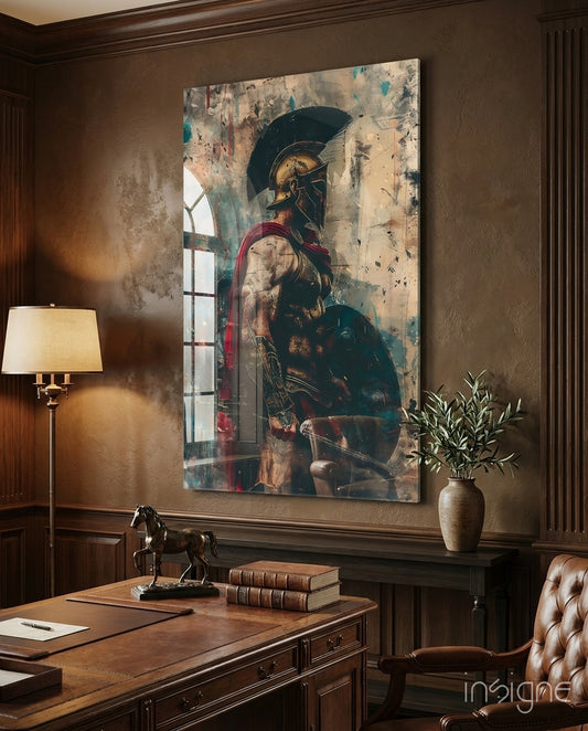 Gladiator glass wall art displayed above a desk in a study
