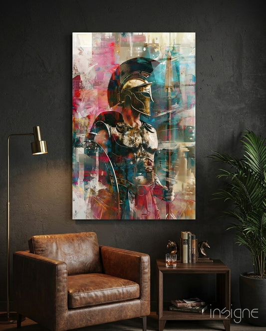 Gladiator glass wall art displayed above a chair in a designer studio