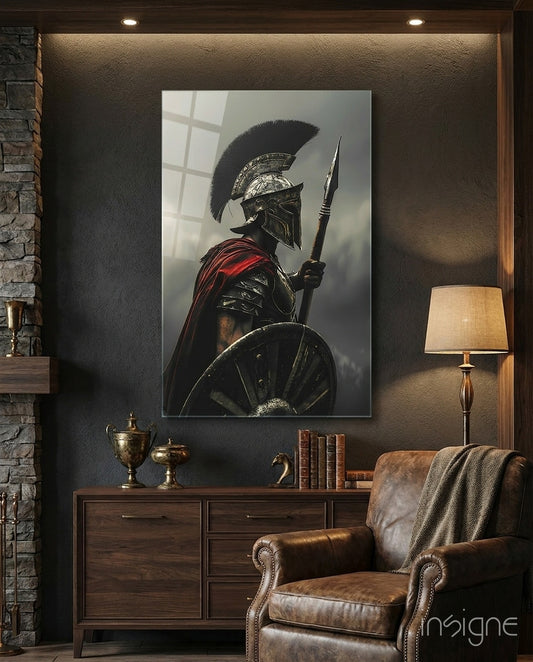 Gladiator glass wall art displayed above a sideboard in a man cave