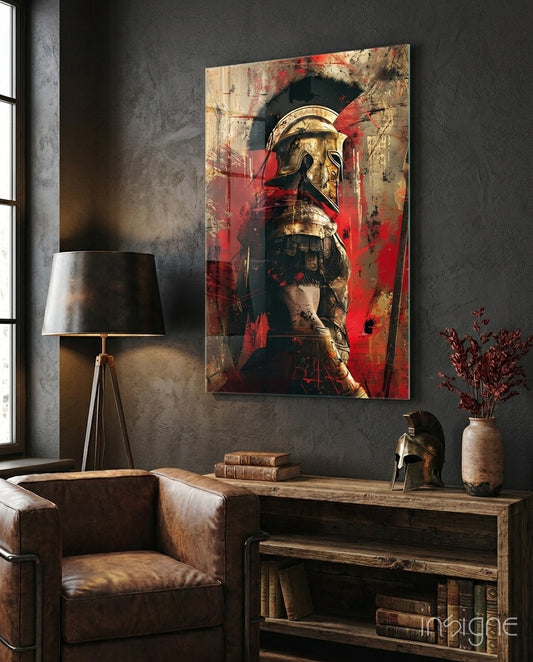 Gladiator glass wall art displayed above a sideboard in a man cave