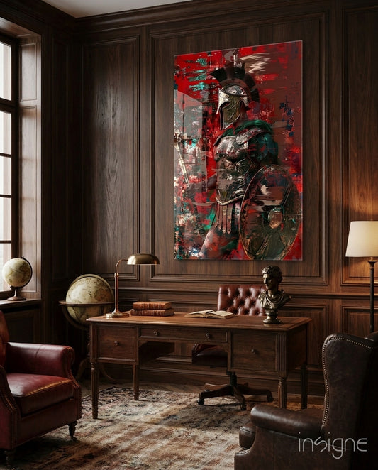 Gladiator glass wall art displayed above a desk in a study