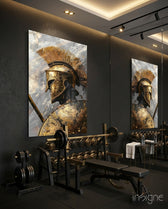 Gladiator glass wall art displayed above a bench in a home gym