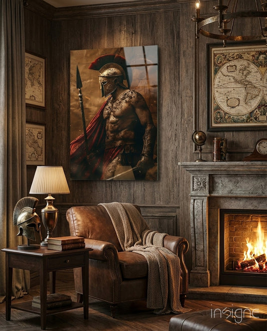 Gladiator glass wall art displayed above a fireplace in a man cave