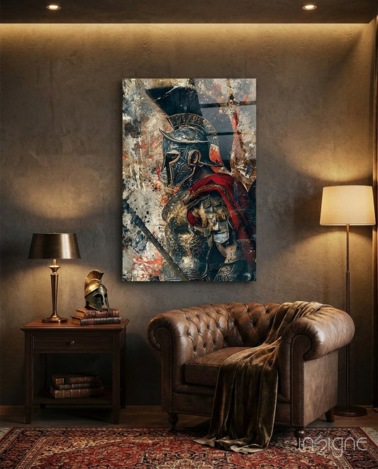 Gladiator glass wall art displayed above a chair in a library