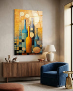 Bottles glass wall art displayed above a sideboard in a dining room