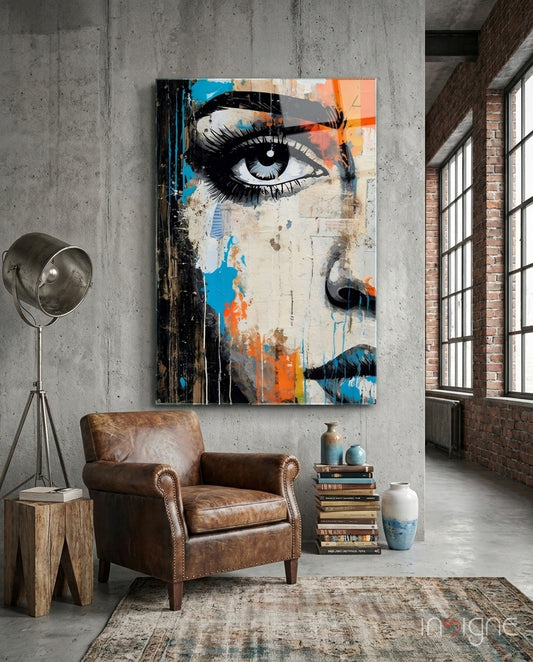 Half Portrait glass wall art displayed above a chair in a loft
