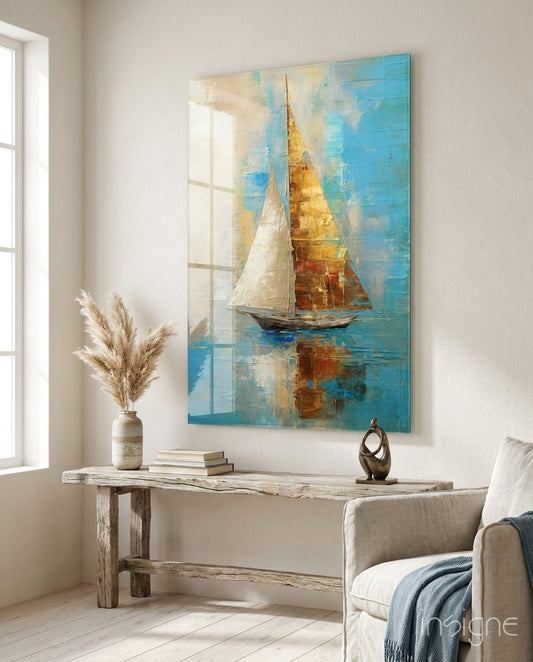 Sailing glass wall art displayed above a bench in a coastal living room