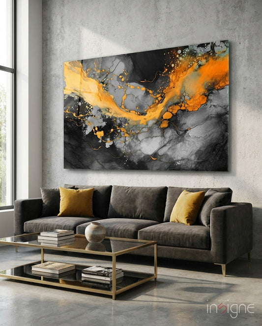 Marble glass wall art displayed above a sofa in a living room