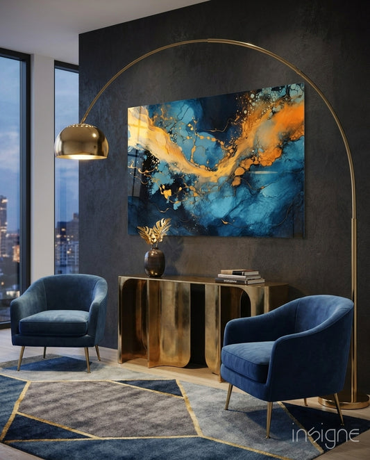 Marble glass wall art displayed above a sideboard in an executive office