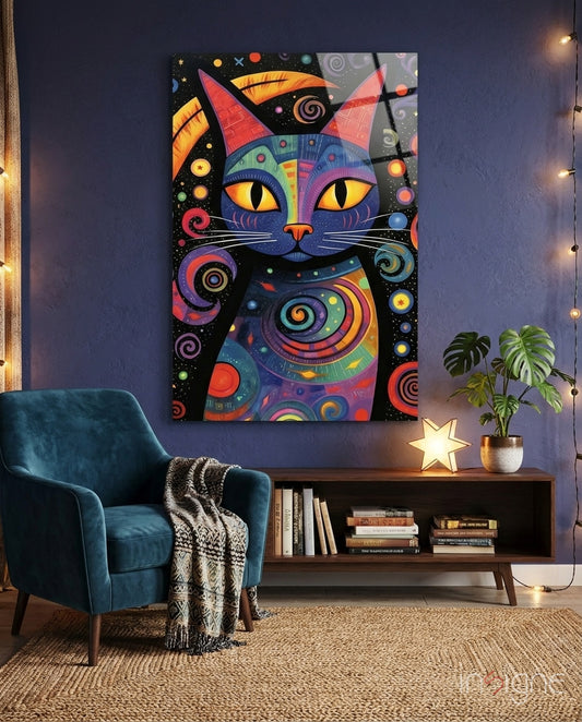 Night Cat glass wall art displayed above a console in a child's room