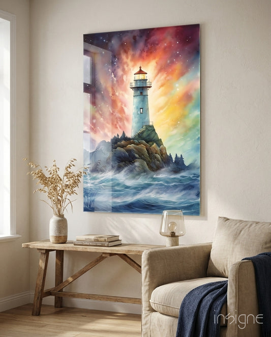 Lighthouse glass wall art displayed above a bench in a coastal living room