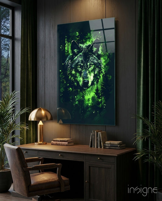 Wolf glass wall art displayed above a desk in a study