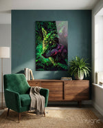 Wolf glass wall art displayed above a sideboard in a study