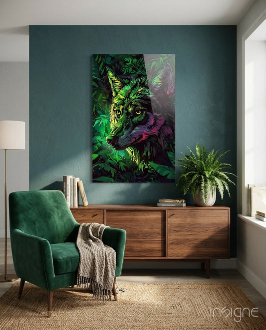 Wolf glass wall art displayed above a sideboard in a study