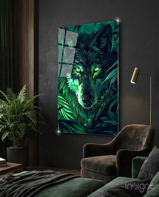 Wolf glass wall art displayed above a bed in a bedroom