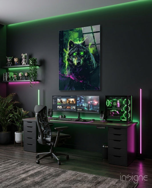 Wolf glass wall art displayed above a desk in a gaming room