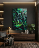 Wolf glass wall art displayed above a desk in a study