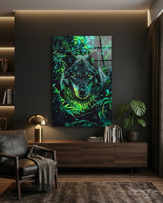 Wolf glass wall art displayed above a desk in a study