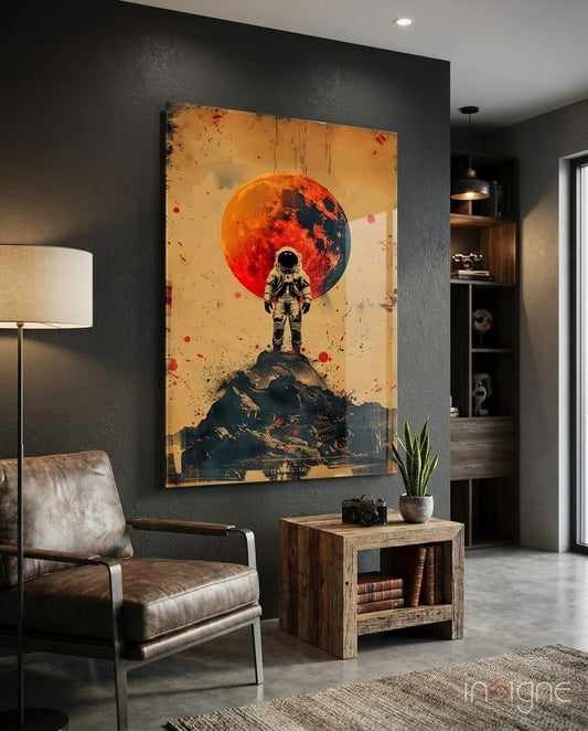 Astronaut glass wall art displayed above a sideboard in a study