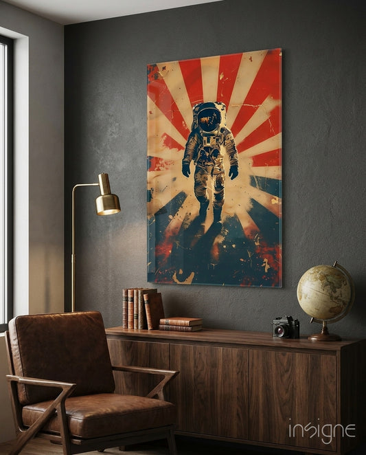 Astronaut glass wall art displayed above a sideboard in a study