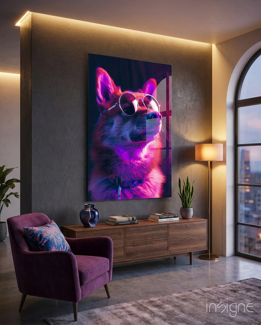Dog with Glasses glass wall art displayed above a console in a teen den