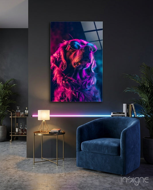 Dog with Glasses glass wall art displayed above a console in a teen den