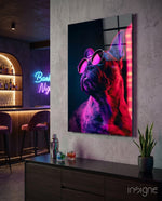 Dog with Glasses glass wall art displayed above a console in a home bar