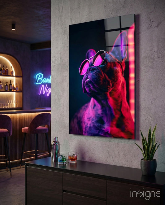 Dog with Glasses glass wall art displayed above a console in a home bar