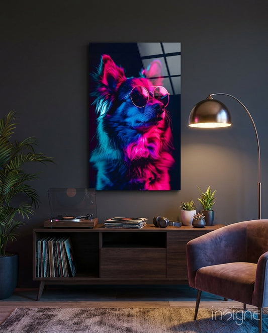 Dog with Glasses glass wall art displayed above a turntable in a music room