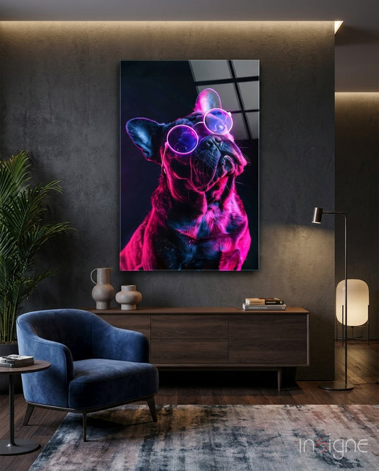 Dog with Glasses glass wall art displayed above a sideboard in a teen den