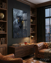 Black Panther glass wall art displayed above a sideboard in a library