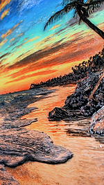 Colorful sunset over a beach with palm trees and rocks.