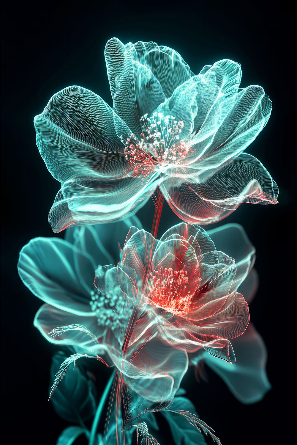 Cyan Ether Blooms — Tableau mural de luxe, relief haptique 3D, ultra-brillant