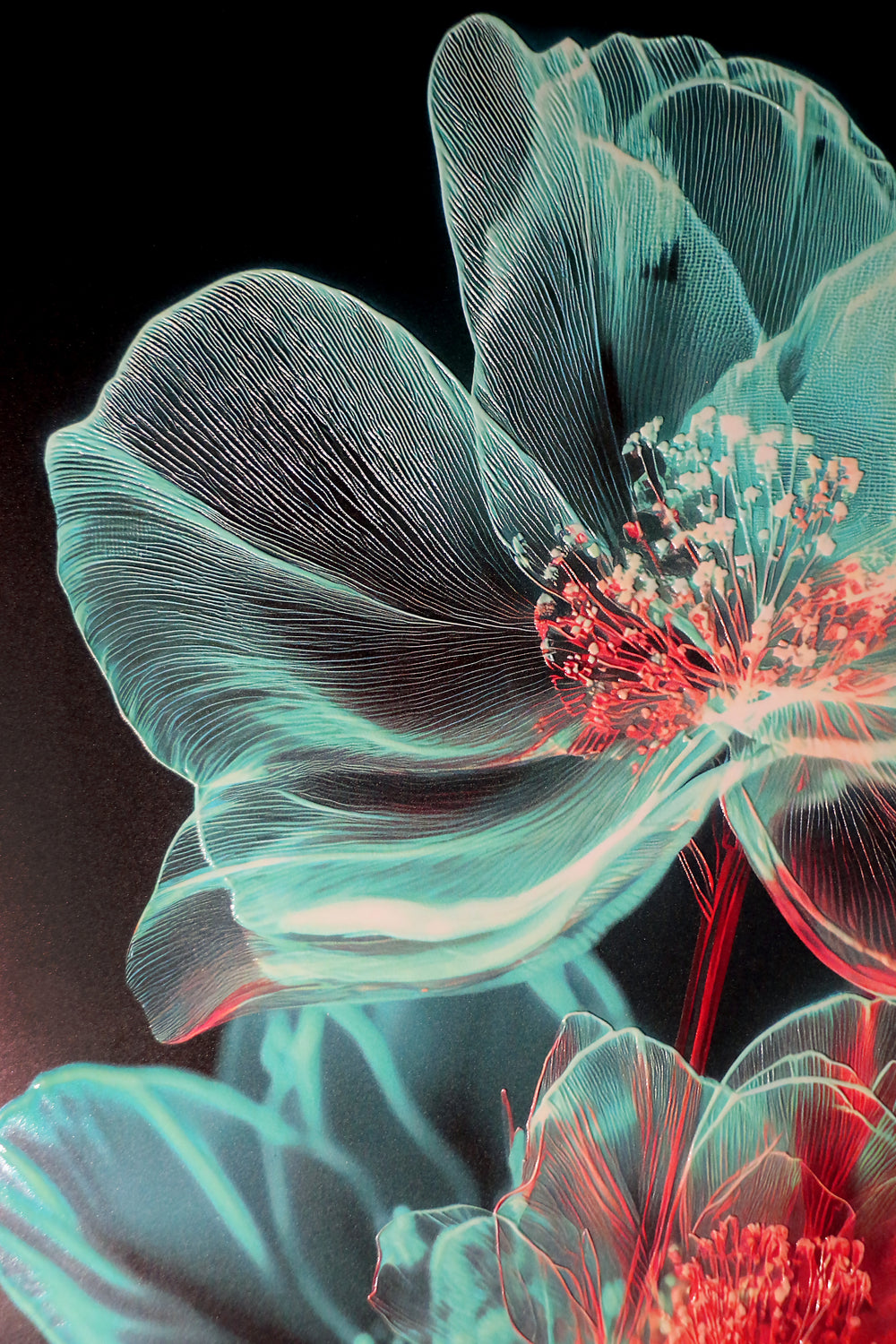 Cyan Ether Blooms — Tableau mural de luxe, relief haptique 3D, ultra-brillant