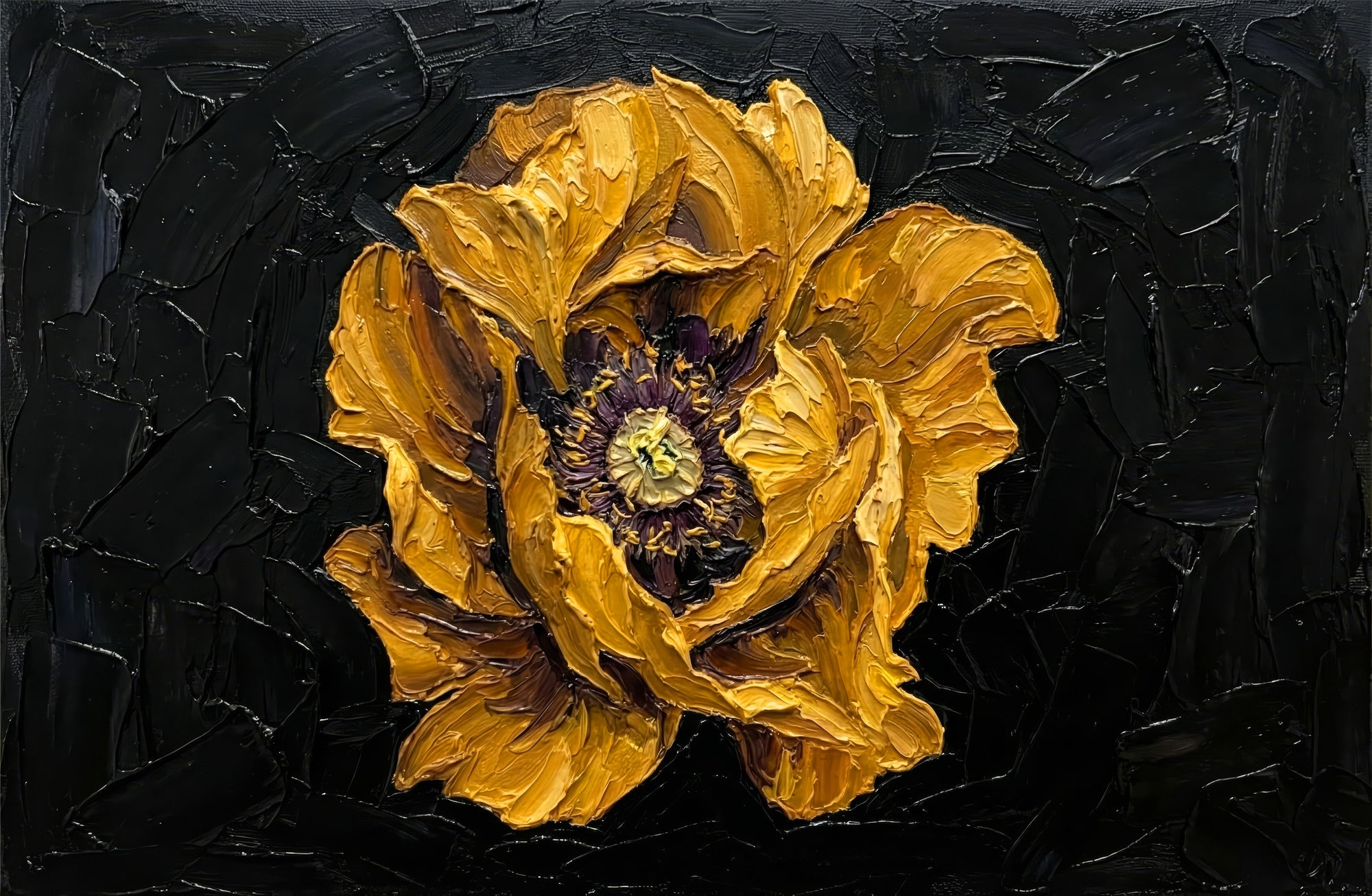 Gilded Obsidian Bloom — 3D Haptic Embossed High-Gloss Luxury Wall Art