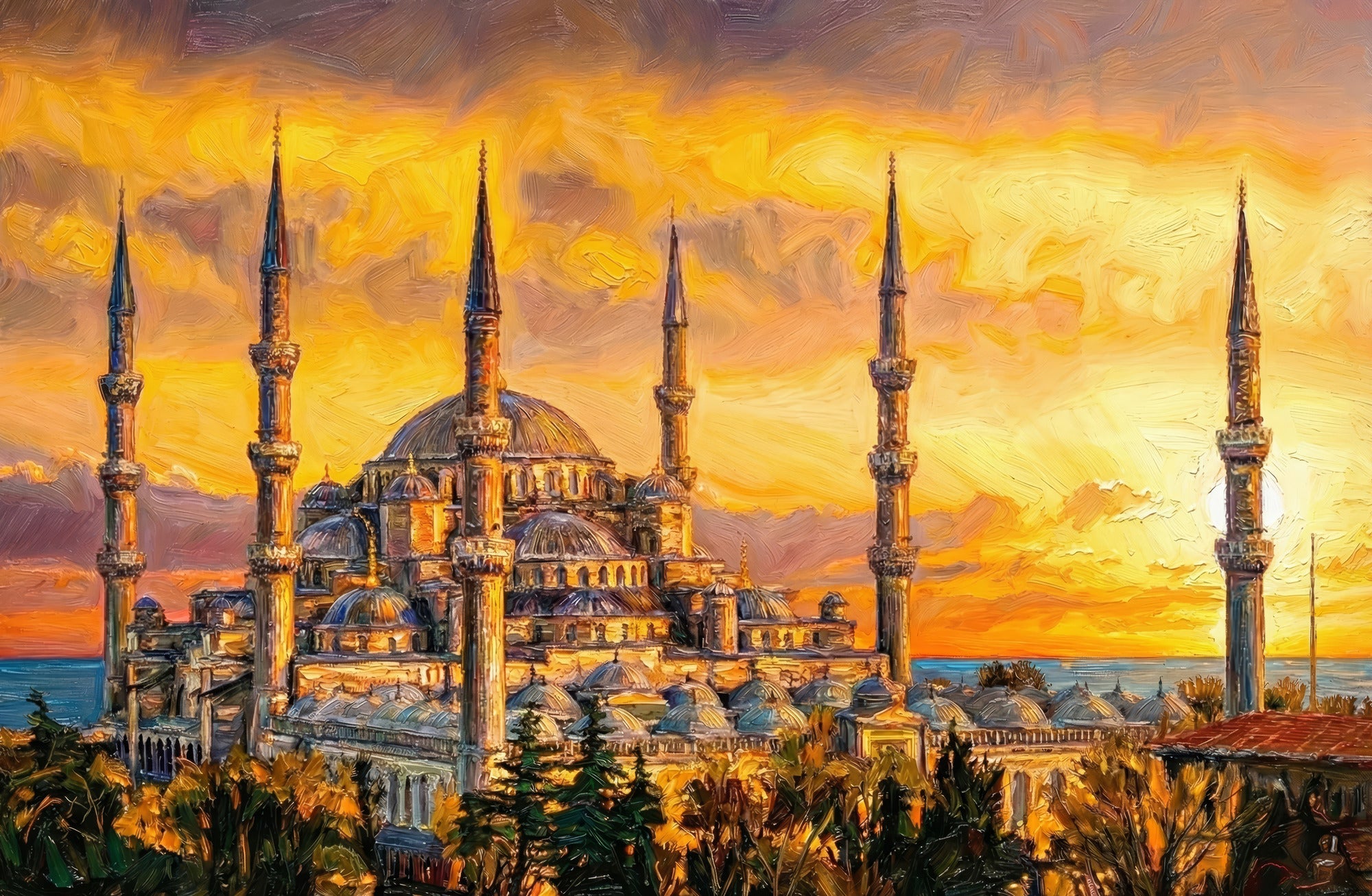 Golden Sunset Serenade: Blue Mosque — 3D Haptic Embossed High-Gloss Luxury Wall Art