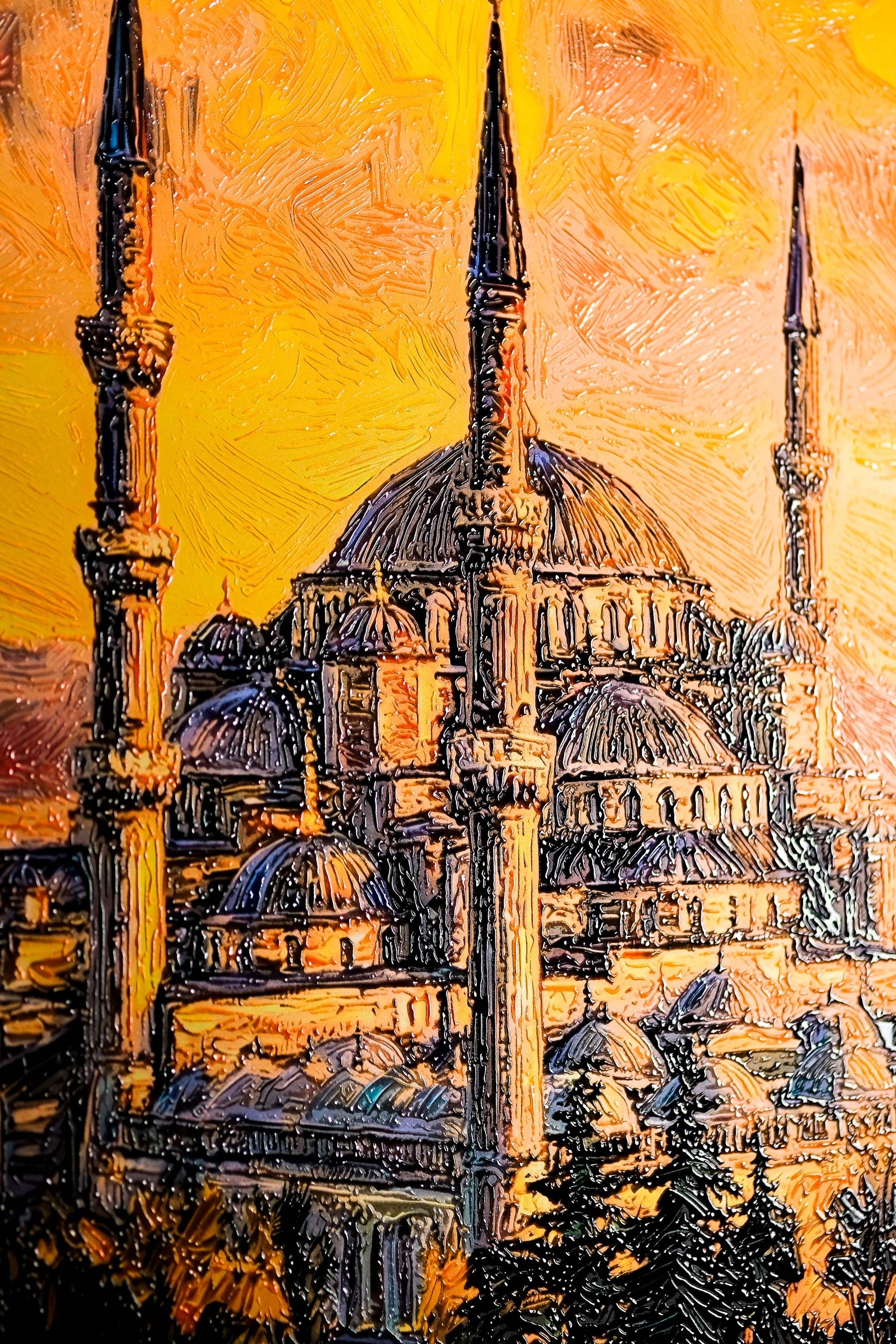 Golden Sunset Serenade: Blue Mosque — 3D Haptic Embossed High-Gloss Luxury Wall Art