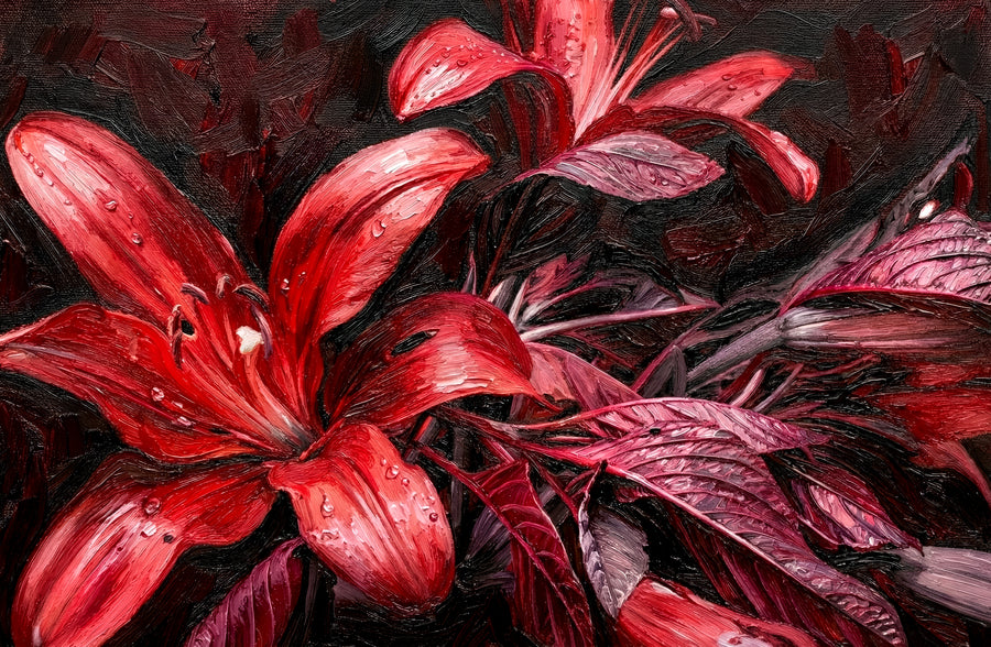 Crimson Velvet Lilies — 3D Haptic Embossed High-Gloss Luxury Wall Art
