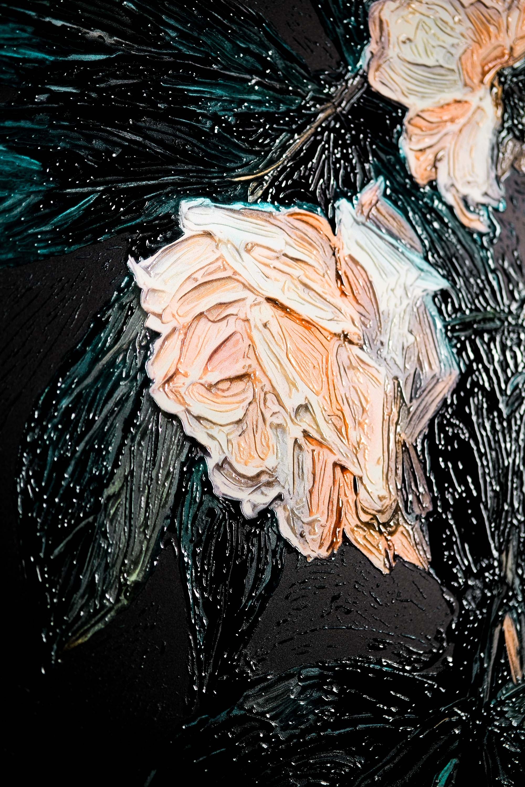 Midnight Peony & Amber Lily — 3D Haptic Embossed High-Gloss Luxury Wall Art