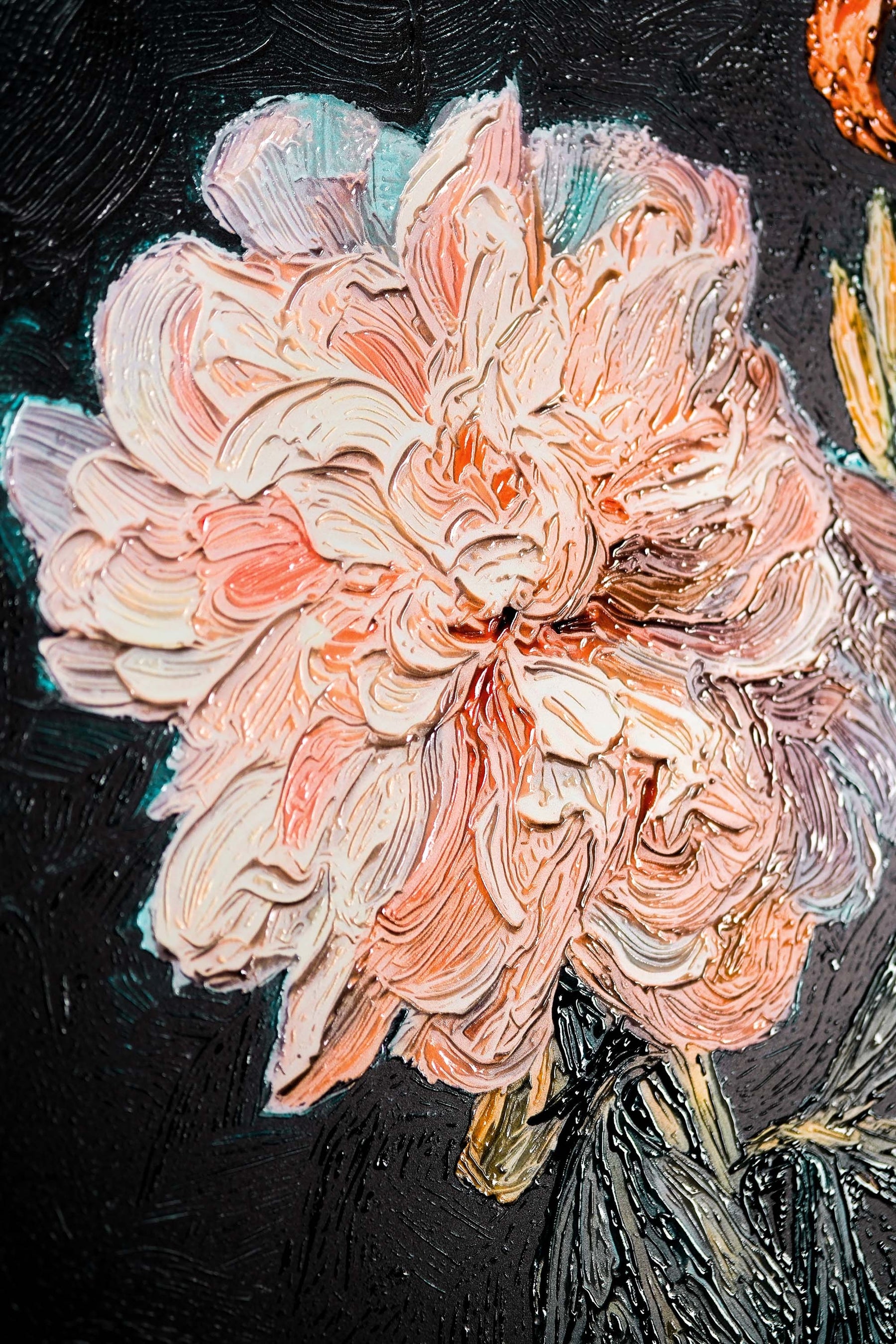 Midnight Peony & Amber Lily — 3D Haptic Embossed High-Gloss Luxury Wall Art