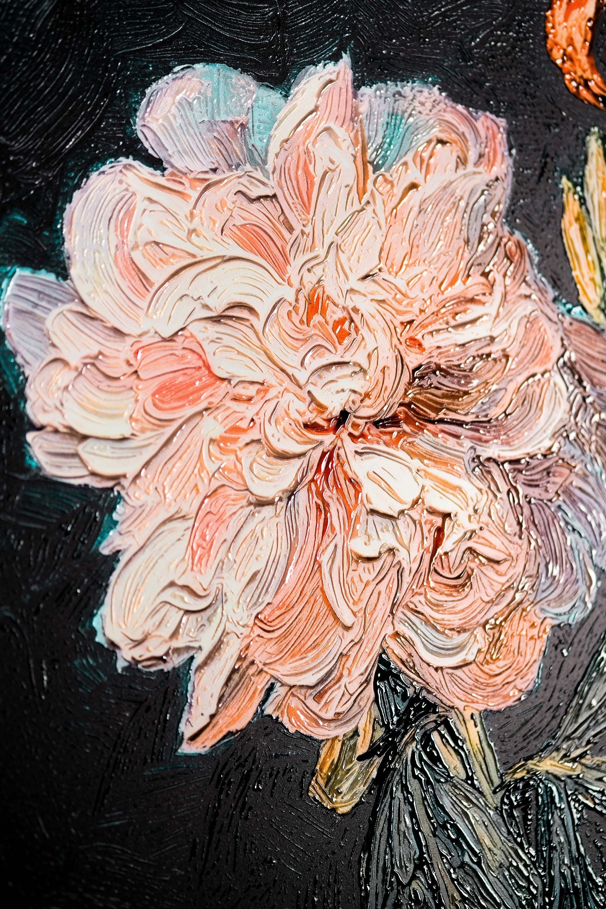 Midnight Peony & Amber Lily — 3D Haptic Embossed High-Gloss Luxury Wall Art