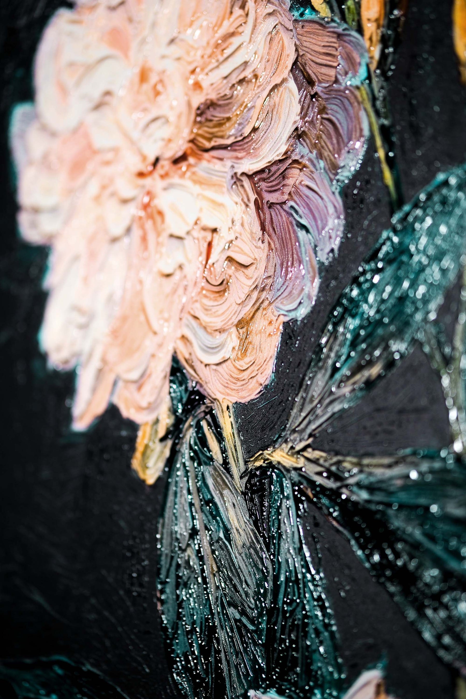 Midnight Peony & Amber Lily — 3D Haptic Embossed High-Gloss Luxury Wall Art