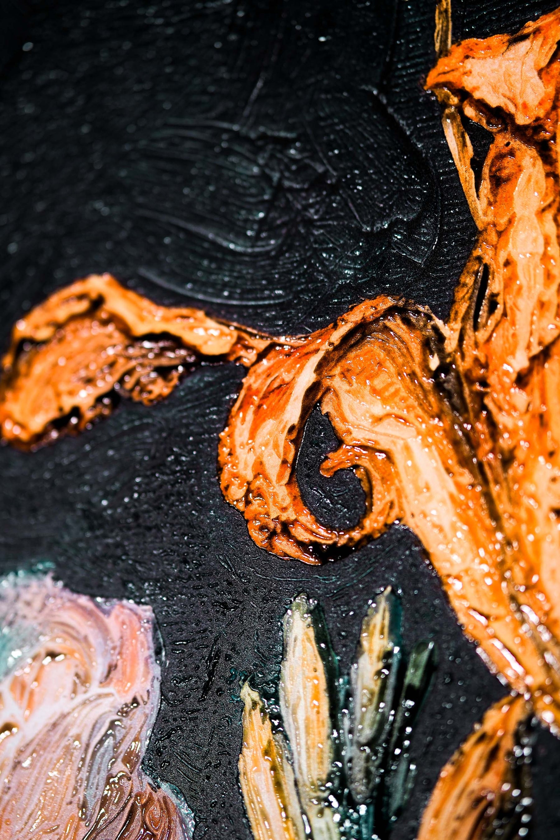 Midnight Peony & Amber Lily — 3D Haptic Embossed High-Gloss Luxury Wall Art